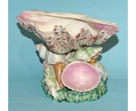 A 19th century Royal Worcester dish in the form of an upturned clam shell, on naturalistic base covered with various seashell