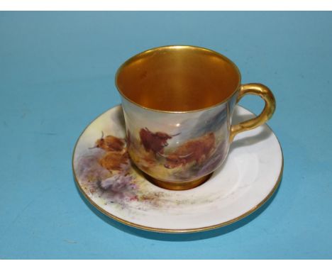 A Royal Worcester cabinet cup and saucer decorated with Highland cattle in a landscape, signed H. Stinton, puce factory mark 