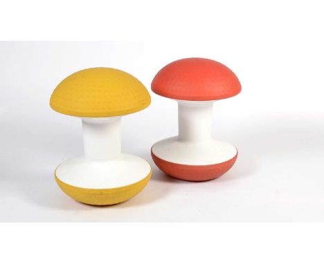 Don Chadwick Design - Ballo stool: Two polypropylene 'mushroom' stools, the dimpled dome and base in red and yellow, with sal