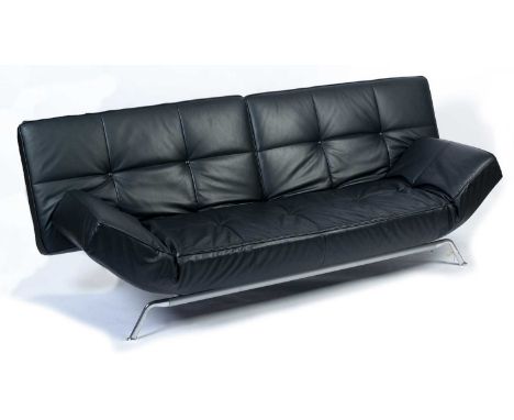 Ligne Roset: A contemporary 'Smala' settee/sofa daybed upholstered in Indiana Noir (black) leather together with matching lea