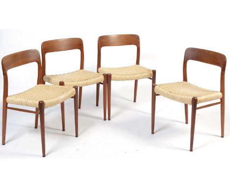 Niels Moller for J.L Mollers - No 75: a set of four mid-Century teak dining chairs, the shaped back rest with entwined cord s