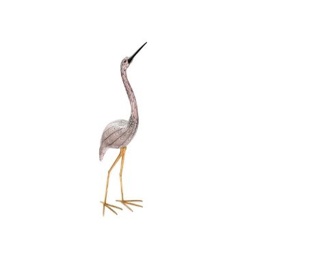 A Licio Zanetti Murano glass and gilt metal model of a crane, circa 1985. The bird with white and amethyst inclusions, engrav