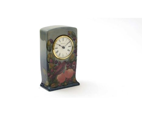 A Moorcroft 'Finches' pattern mantel clock, circa 1990, 16cms, boxed with instructions.
