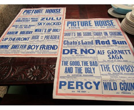 Two vintage 1970's Diss Picture House cinema posters with movie names including Zulu, Dr No, The Good, The Bad and The Ugly e