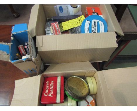 A collection of vintage stationery items including silver propelling pencils, fountain pen, gold nibs, etc and a box of tins