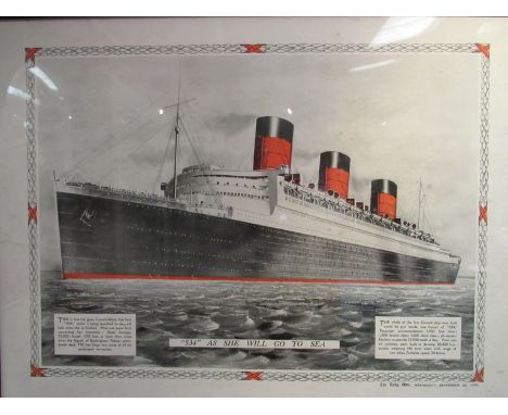 A framed and glazed print depicting Cunard Liner 534 (Queen Mary) Daily Mail, September 26, 1934