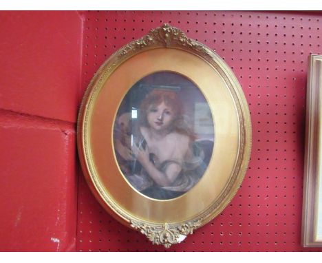 A gilt framed oval oil, mounted to board, portrait after JB Greuze. 25cm x 20cm