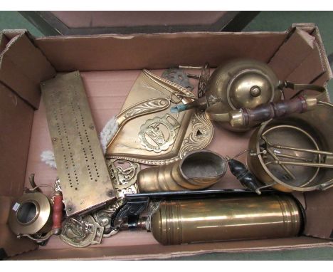 A collection of brass items including cribbage board, crumb scoop and brush, fire extinguisher etc