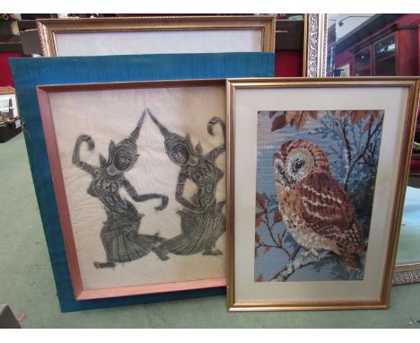 A Thai figural print, two modern needlepoints, Elvenden Hall Christies catalogue and brass tray, etc 