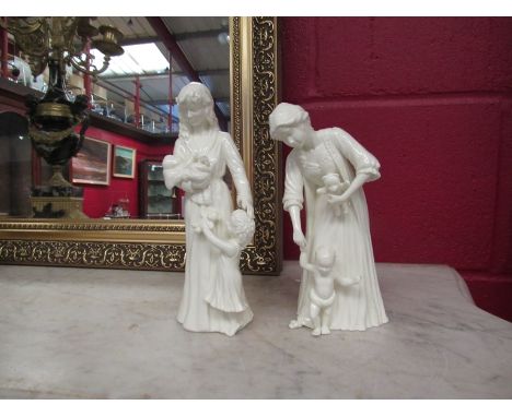 A pair of Royal Worcester cream glaze figure "New Arrival" and "First Steps"