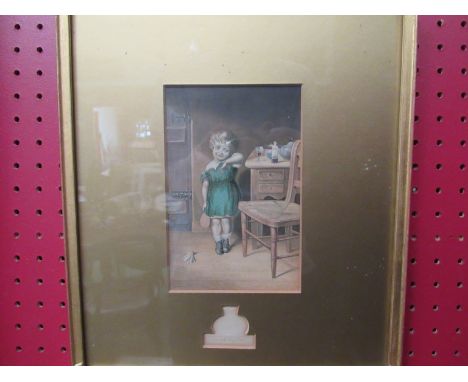 An amusing gilt framed and glazed coloured print by George Baxter of a little girl with bat and shuttlecock "I Don't Like It"