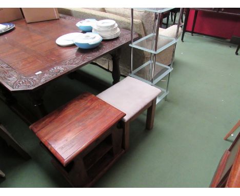 An exotic wood lamp table an oak leg stool and a four tier glass and chrome shelf (3)    