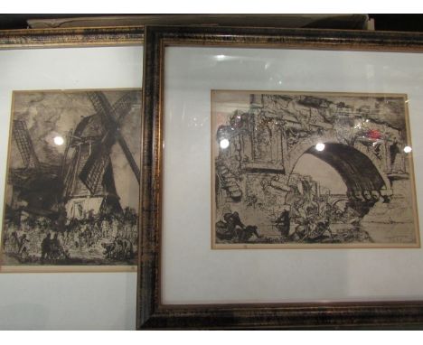A set of five sepia prints of architectural shipping and figural scenes, monogrammed lower right   