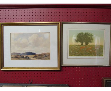 An unsigned watercolour of hilly landscape, together with a limited edition Kenneth Leech coloured print "Beacon Hill" 101/25