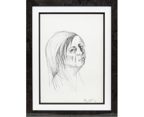 * PETER HOWSON OBE (SCOTTISH b 1958),UNKNOWN VERY EARLY PORTRAIT STUDYbiro pen on paper, signed and dated April '6927cm x 18.