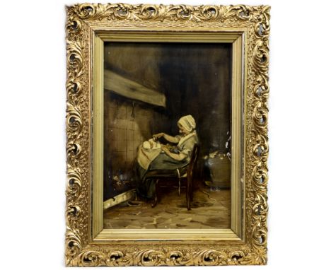 CONTINENTAL SCHOOL,INTERIOR GENRE SCENEoil on ceramic tile,signed and monogrammed indistinctly35cm x 24cmFramed