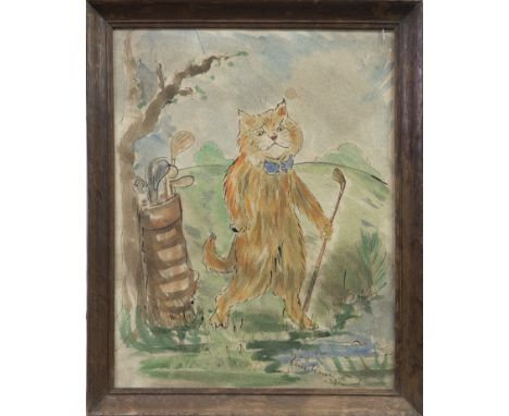 AFTER LOUIS WAIN (BRITISH 1860-1939),CAT PLAYING GOLFwatercolour on paper, bears signature and dated '0945cm x 35cmFramed and