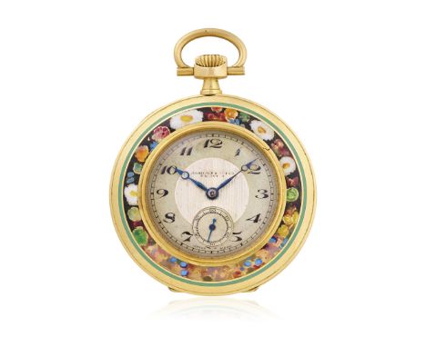 HAMILTON CALCUTTA IN GOLD AND ENAMEL, CIRCA 1920 - Case: n. 3318399 684, three-body, 18K gold, polychrome floral enamel, reed