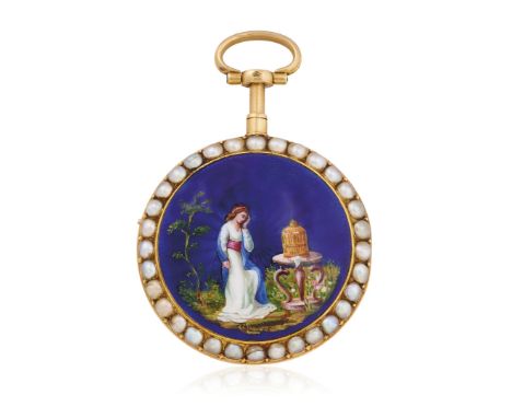 ENAMELLED GOLD WATCH, SIGNED HILGER, CIRCA 1800 - Case: stamped, n. 765, two-body, gold, set with half pearls, enameled medal