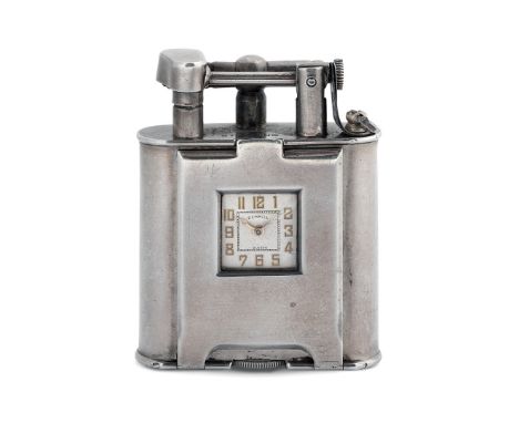 ALFRED DUNHILL "UNIQUE" LINE LIGHTER MODEL B WITH WATCH, 1930s - Case: sterling silver, signed on the base, n. 432, hinged op