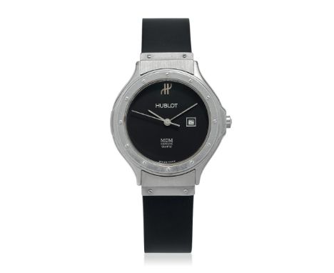 HUBLOT MDM, 80s - Case: signed, n. C2532, stainless steel, bezel and caseback with screws. Bracelet/Strap: rubber strap, conc