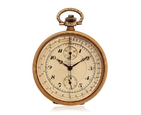 MINERVA GOLD CHRONOGRAPH, CIRCA 1920 - Case: signed, n. 358432, four-body, 18K gold, signed dome, band engraved with laurel l