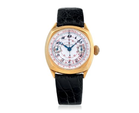 ZENITH SINGLE-PUSH CHRONOGRAPH IN GOLD, 1920s - Case: signed, n. 523432, 18K gold, snap-on caseback, pusher coaxial to the cr