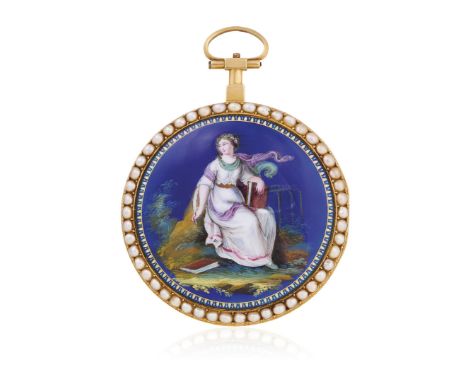 ENAMELLED GOLD WATCH, CIRCA 1800 - Case: two-body, gold, set with half pearls, enameled medallion depicting a polychrome alle
