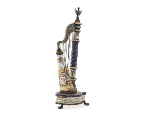 HARP-SHAPED ENAMEL CLOCK, MID-19TH CENTURY - Case: silver, with gilt and engraved elements, richly decorated with floral enam