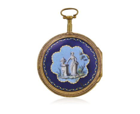 ENAMELED WATCH, CIRCA 1790 - Case: gilt metal, chased and engraved, three-body, hinged back revealing a recess that likely on