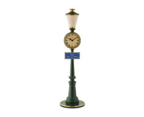JAEGER-LECOULTRE RUE DE LA PAIX REF. 397, 70s - Case: green lacquered and gilded metal case in shape of a street lamp, road s