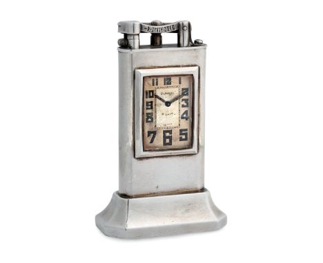 ALFRED DUNHILL "UNIQUE" LINE LIGHTER CLUB MODEL ON BASE WITH WATCH, 1930s - Case: 925 silver, signed on the base, rear door. 