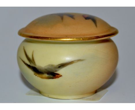 A Royal Worcester blush Ivory rouge pot, decorated with birds in flight, green mark, date code for 1912 