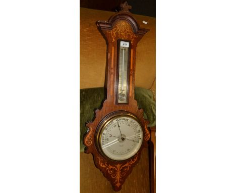 A Sheraton Revival mahogany and marquetry aneroid wheel barometer, 19cm silvered register inscribed W R Lisle, Exeter, mercur