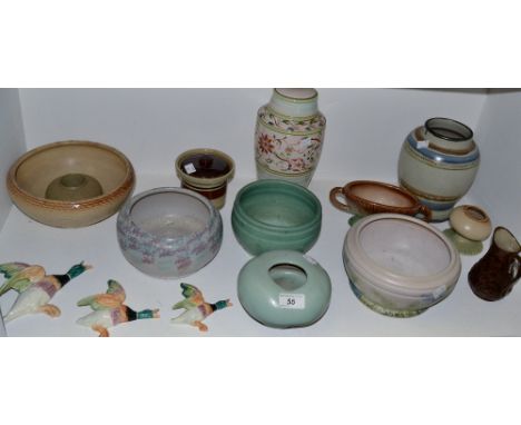 Denby - a trial jug, banded, dated 1932;  a Denby ovoid lamp;   a Victorian jardiniere;  etc 