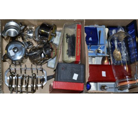 Household - an EPNS toast rack;  a chrome tea service;  flatware;  etc