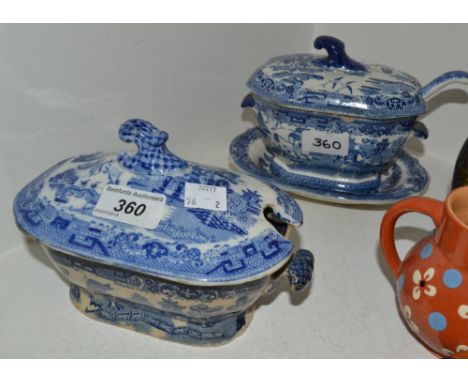 A Yorkshire Willow pattern blue and white canted rectangular sauce tureen, cover and ladle;  another (2)
