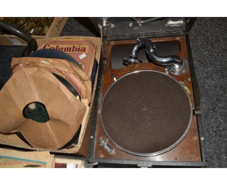 A HMV record player ; a selection of 78rpm records 