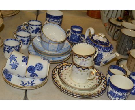 Blue and White Ceramics - Heathcote china coffee can and saucer, Minton china cup and saucer, Copeland china teapot;  etc 