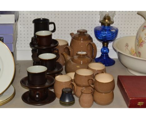 Denby - a tan coffee service, comprising coffee pot, tea pot, cups, milk jug, etc;  another, darker