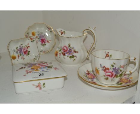 A Royal Crown Derby Posies pattern rectangular trinket box and cover; a milk jug; a cup and saucer; two trinket dishes (6) 