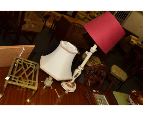 A white and gilt painted side lamp;  another onyx;  a brass rectangular trivet (3)