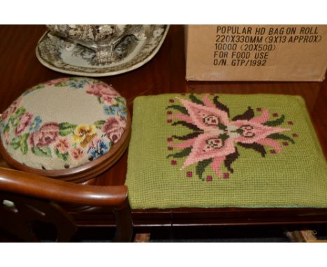 A Victorian style circular foot stool, tapestry top;  a stuffed rectangular tapestry (2)