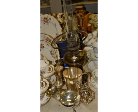 Metal Ware - a  brass oil lamp;  plated mugs;  plated toast rack;  etc 