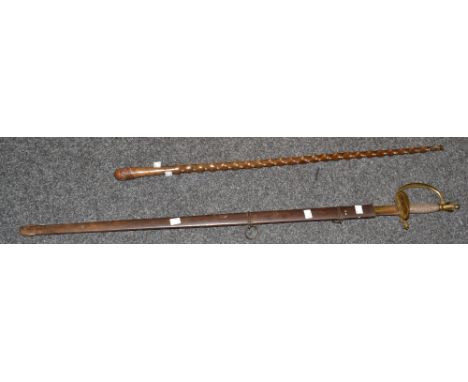 1796 Pattern Infantry Officers sword, folding shell guard, wire bound grip, blue and gilt blade decorated  with stand of arms