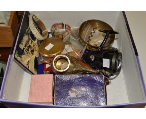 Boxes and Objects - a fishing reel;  lighters;  corkscrew;  Stratton compact;   coins;  etc