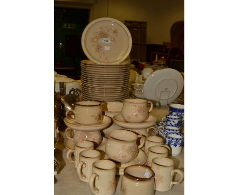 Denby - a part Sandalwood dinner service, comprising twenty two plates, six larger plates, coffee cups and tea cups