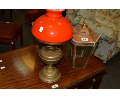 A pair of copper lanterns ; an oil lamp (3)