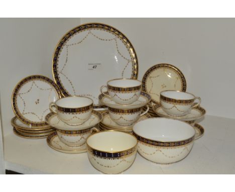 A Copeland China part tea service, for six, spirally fluted, applied with gilt swag, printed mark, retailed by T. Goode and C