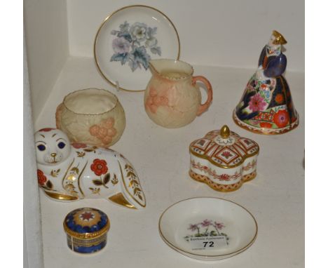 A Royal Crown Derby paperweight, Imari seal, silver stopper; a Royal Crown Derby Honeysuckle pattern trinket pot and cover ; 